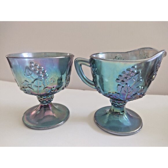 INDIANA GLASS IRIDESCENT BLUE CARNIVAL HARVEST SUGAR & CREAMER 1960s - Picture 1 of 12